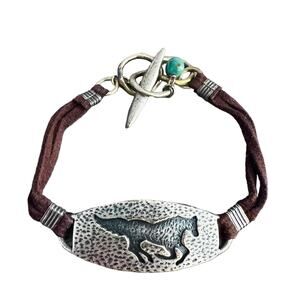 Silver stallion pendant brown cord t clasp turquoise adjustable bracelet